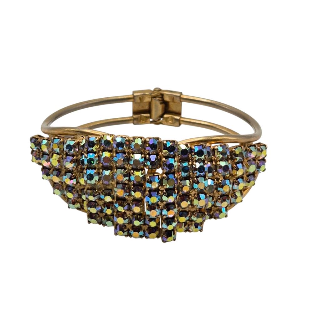 Vintage AB Rhinestone Clamper Bracelet Gold Tone Dimensional Cuff